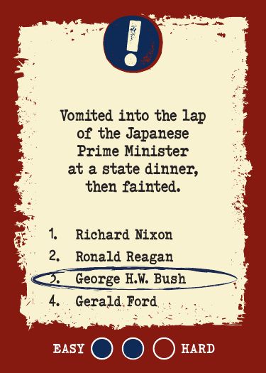 Done card: Vomited into the lap of the Japanese Prime Minister at a state dinner, then fainted.